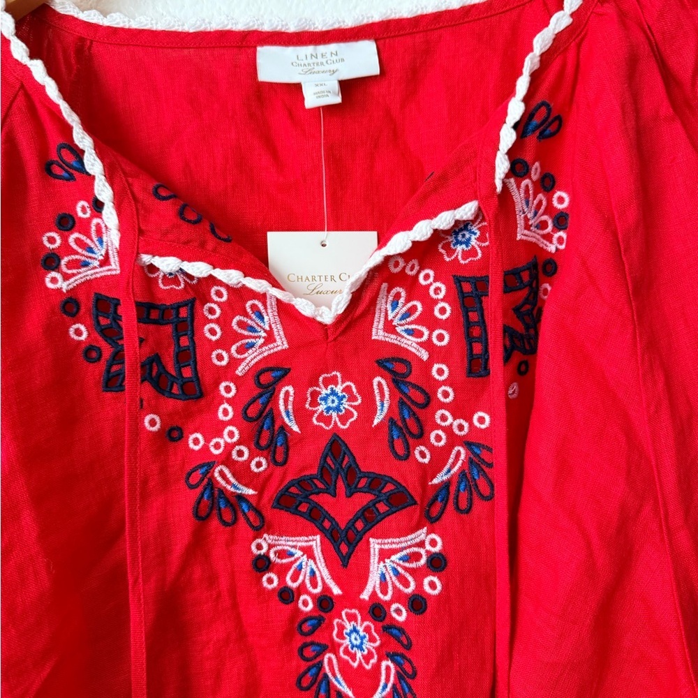 Charter Club Women's Linen Embroidered 3/4-Sleeve Top Sz XXL Red Coastal - Picture 3 of 10
